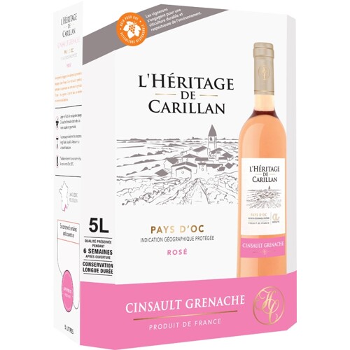 Cinsault-Grenache Rosé IGP, Pays d´Oc, L´Héritage de Carillan, Maison Johanès Boubée, Francie, 5 litrů - suché